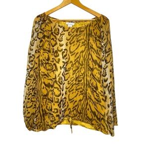 Avenue Blouse Womens 18/20 (2X) Leopard Print Long Sleeve Semi Sheer Silk Career